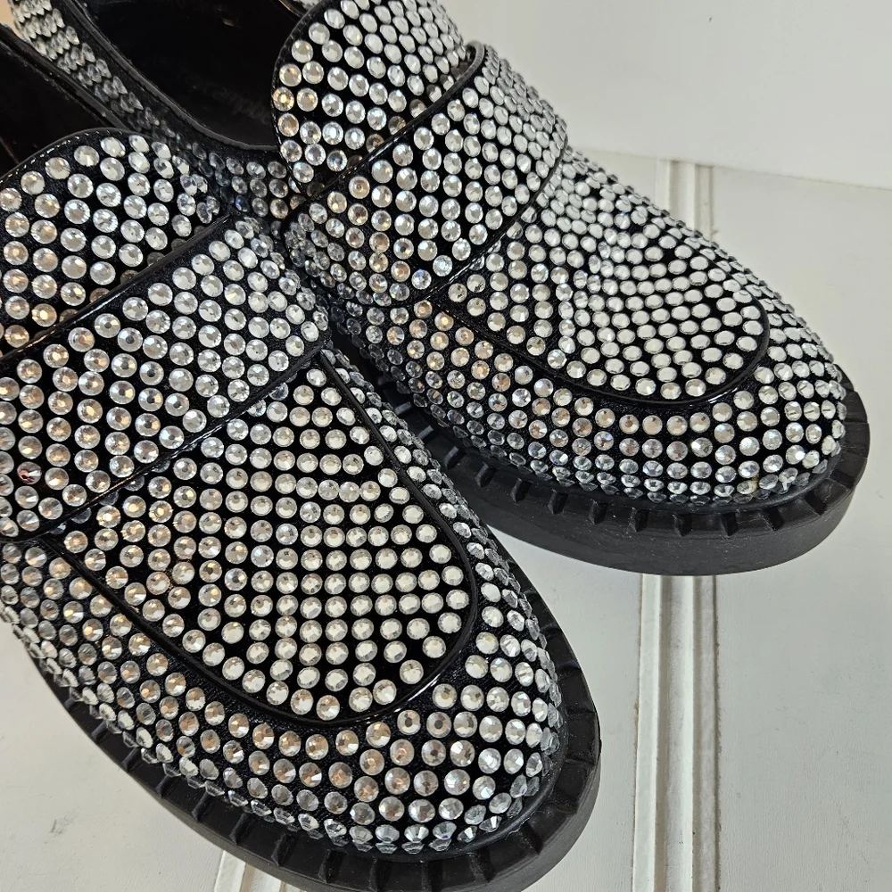 Jeffrey Campbell Library Loafers 9.5 Platform Rhinestone Chunky Heel Black